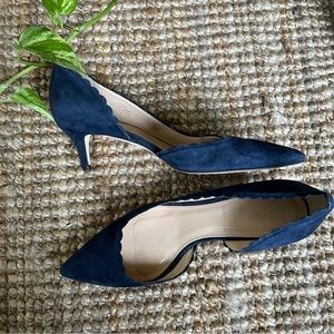 J.Crew DULCI D'orsay Low Heel Suede Scalloped Navy Blue Elegant shoes US 7
